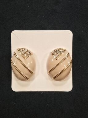 Vintage Givenchy Paris New York Gold & Cream Enamel Oval Clip-On Earrings 80s